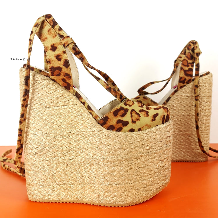 Leopard Lace Up High Heel Wedge Platform Shoes Tajna Club Sandal