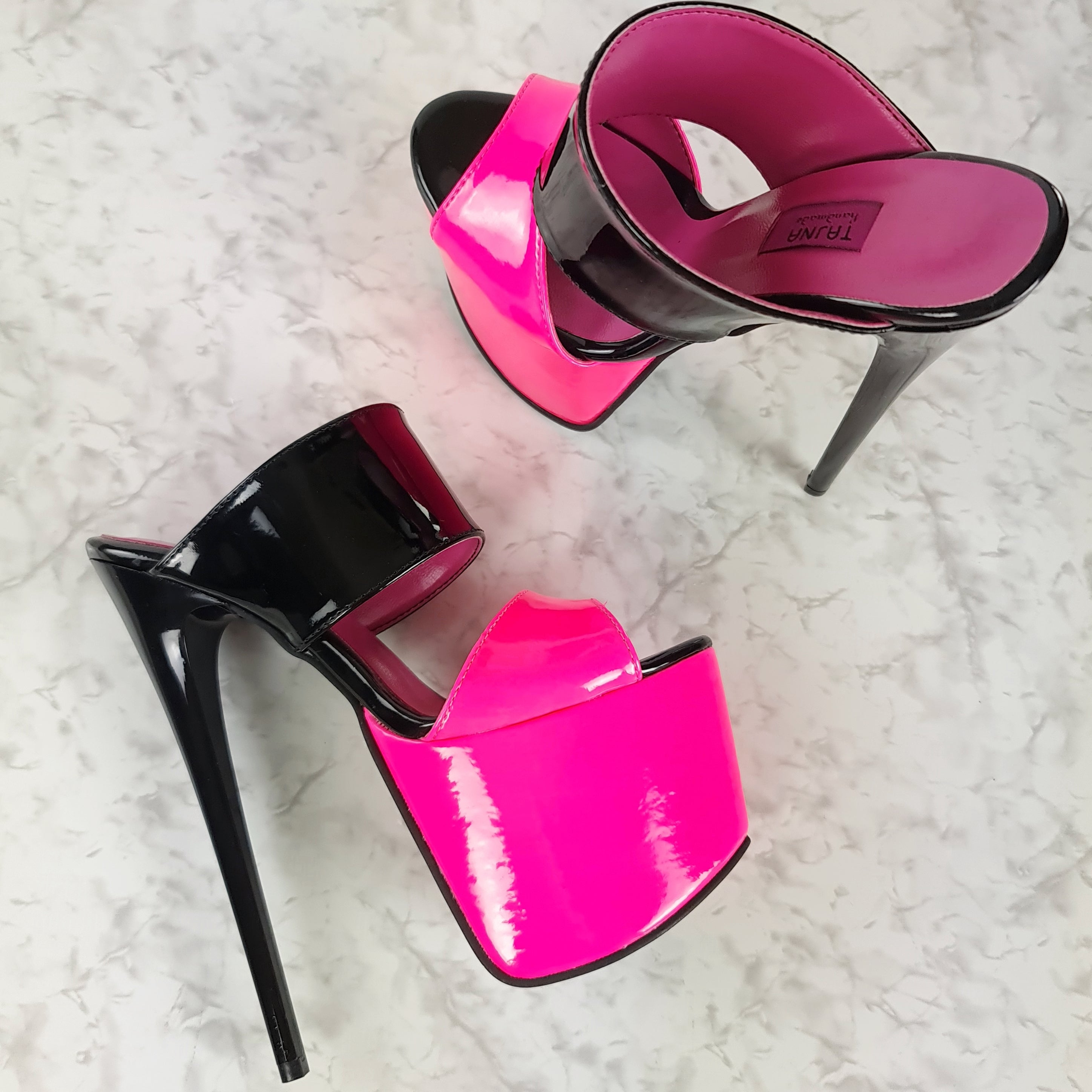 Black Neon Pink Gloss Double Strap Mules Tajna Club High Heel Shoes