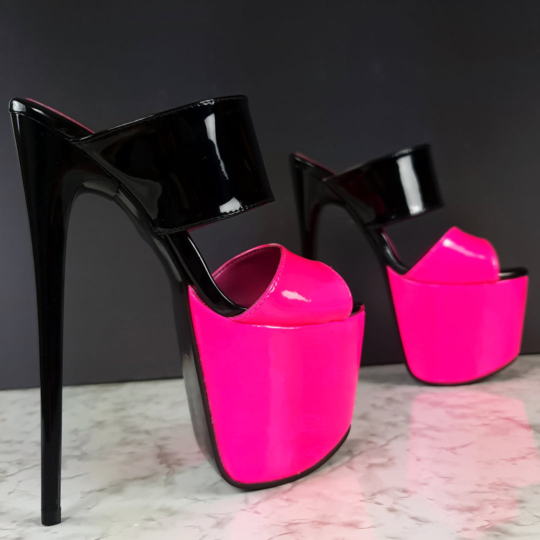 Black Neon Pink Gloss Double Strap Mules Tajna Club High Heel Shoes