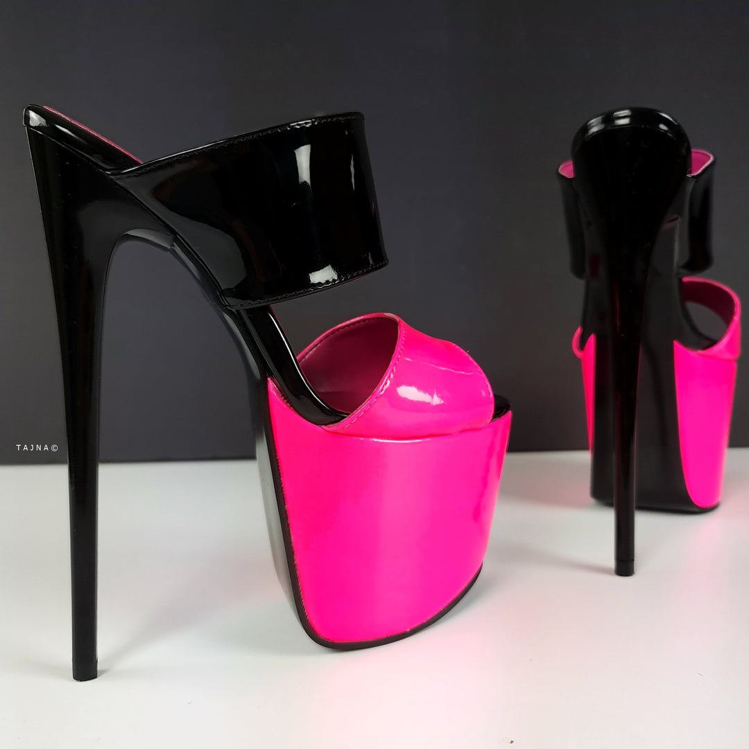 Black Neon Pink Gloss Double Strap Mules Tajna Club High Heel Shoes