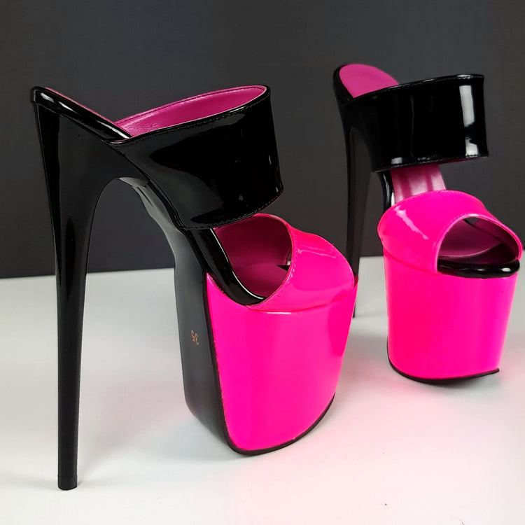 Black Neon Pink Gloss Double Strap Mules Tajna Club High Heel Shoes