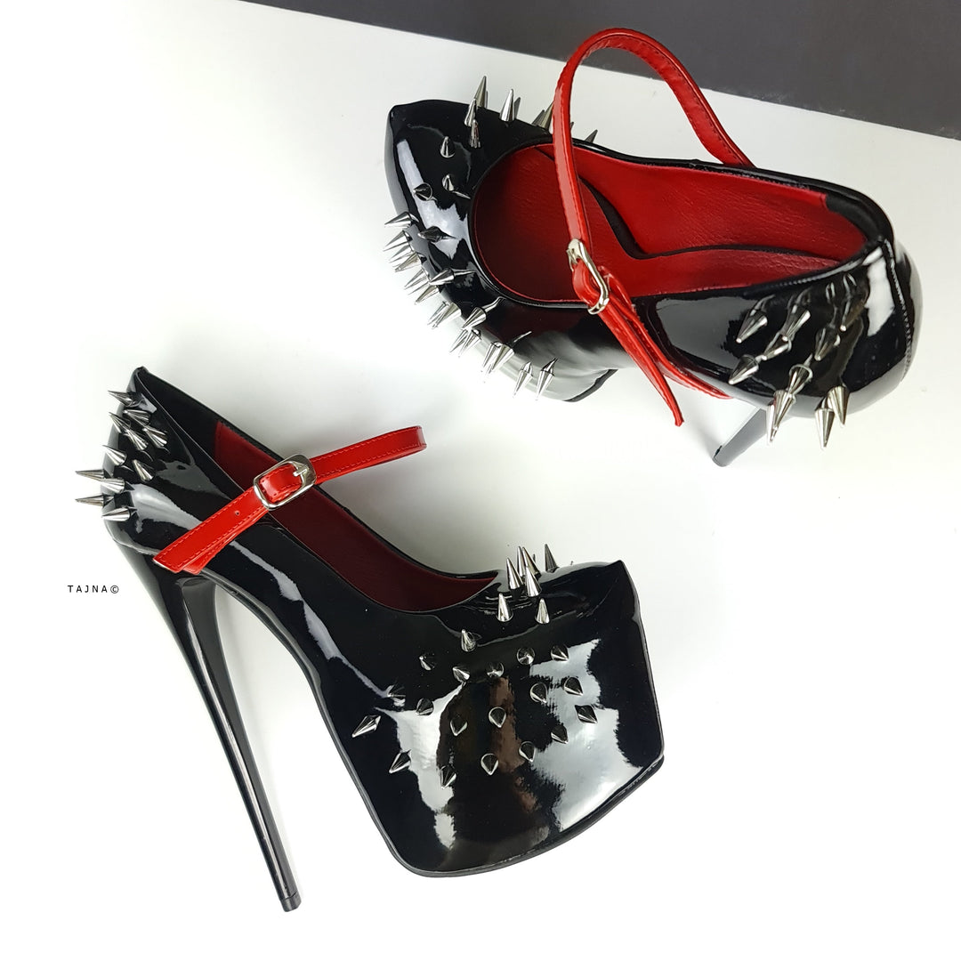 Black Red Gloss Spike Studded Strapped Heels Tajna Club Shoes