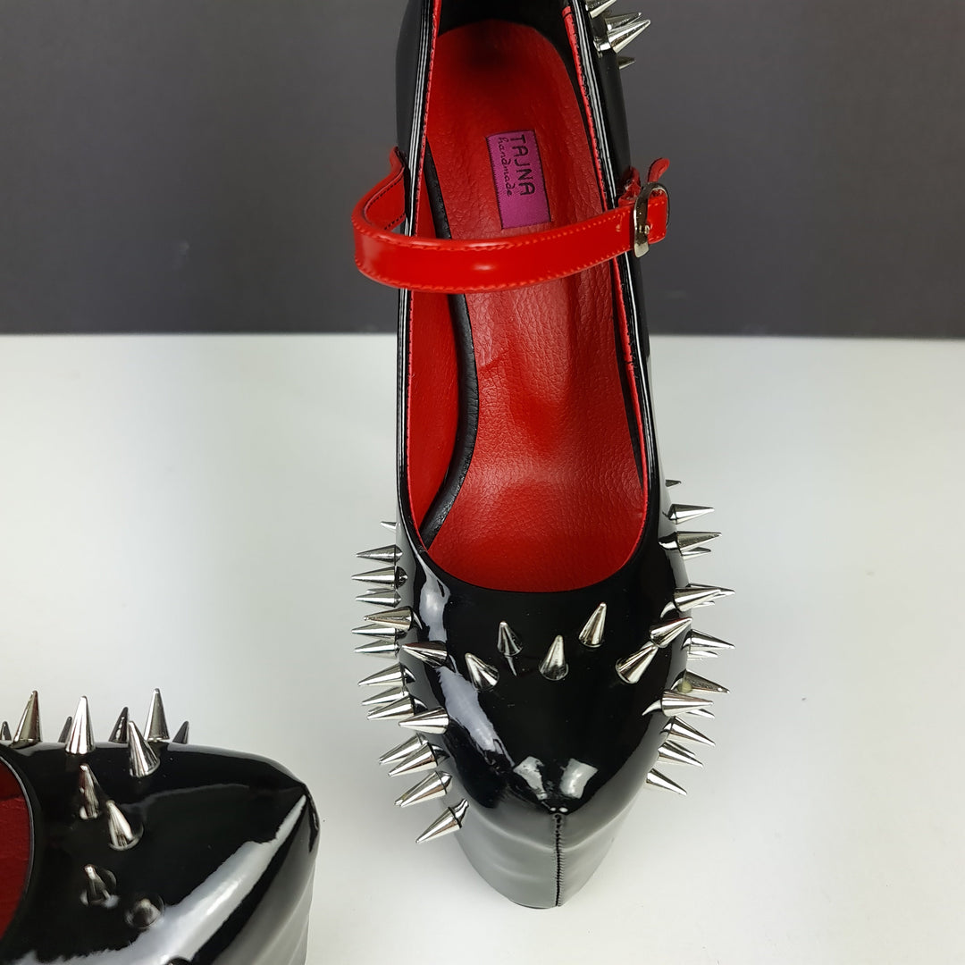 Black Red Gloss Spike Studded Strapped Heels Tajna Club Shoes
