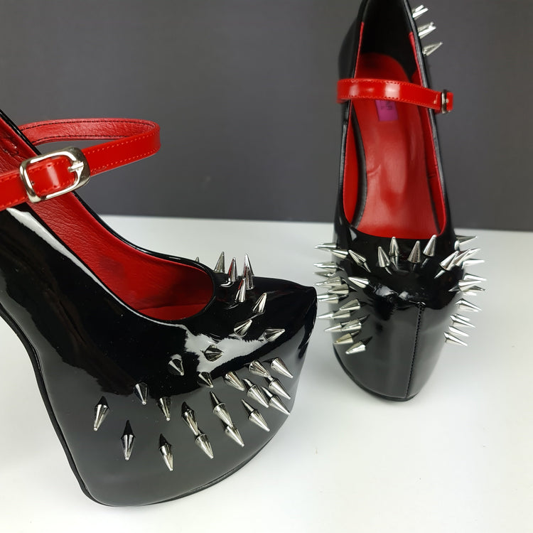 Black Red Gloss Spike Studded Strapped Heels Tajna Club Shoes