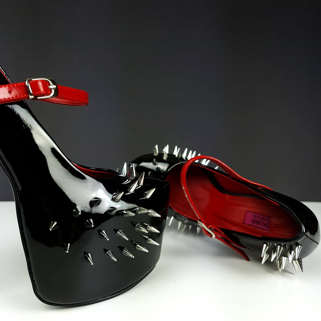 Black Red Gloss Spike Studded Strapped Heels Tajna Club Shoes