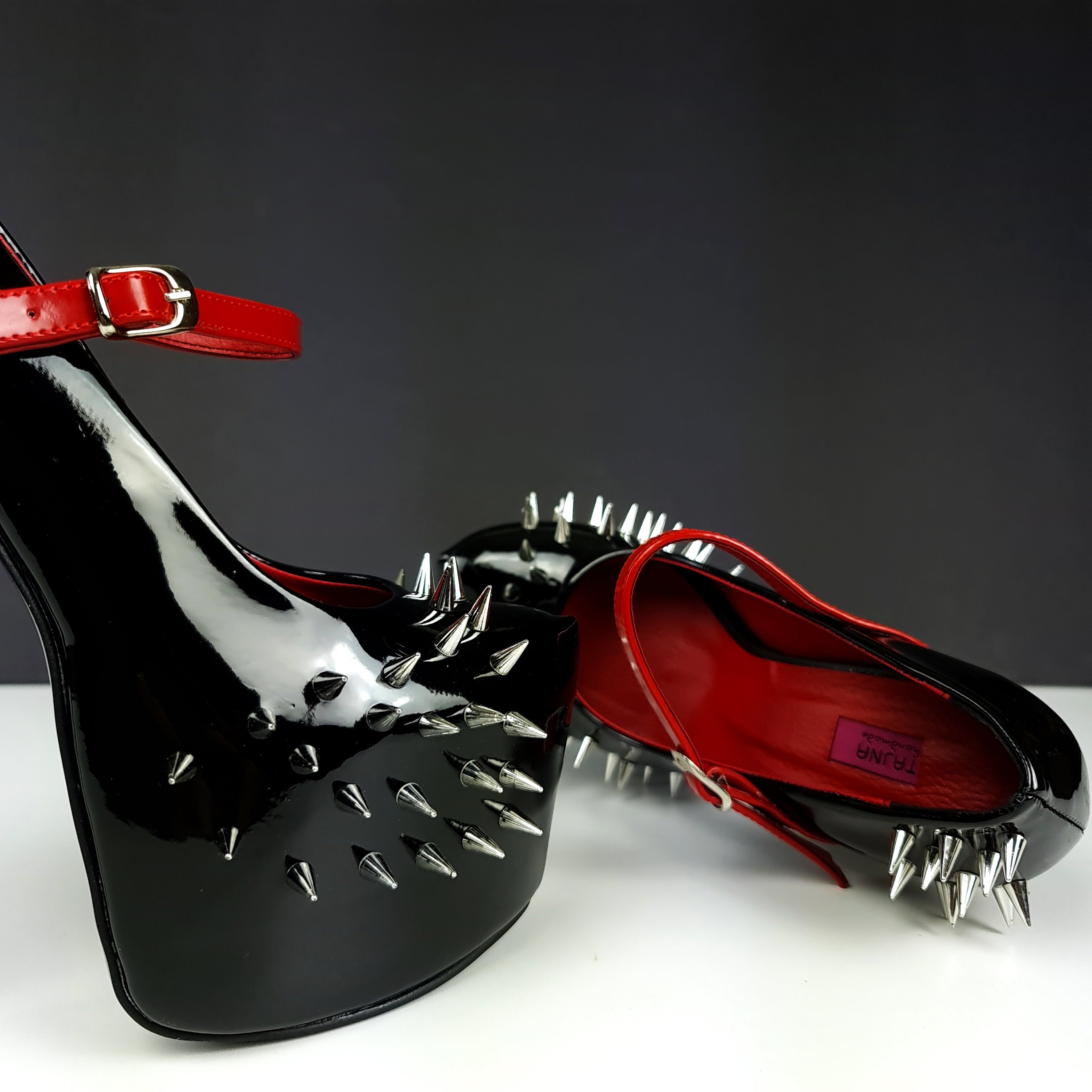 Black Red Gloss Spike Studded Strapped Heels Tajna Club Shoes