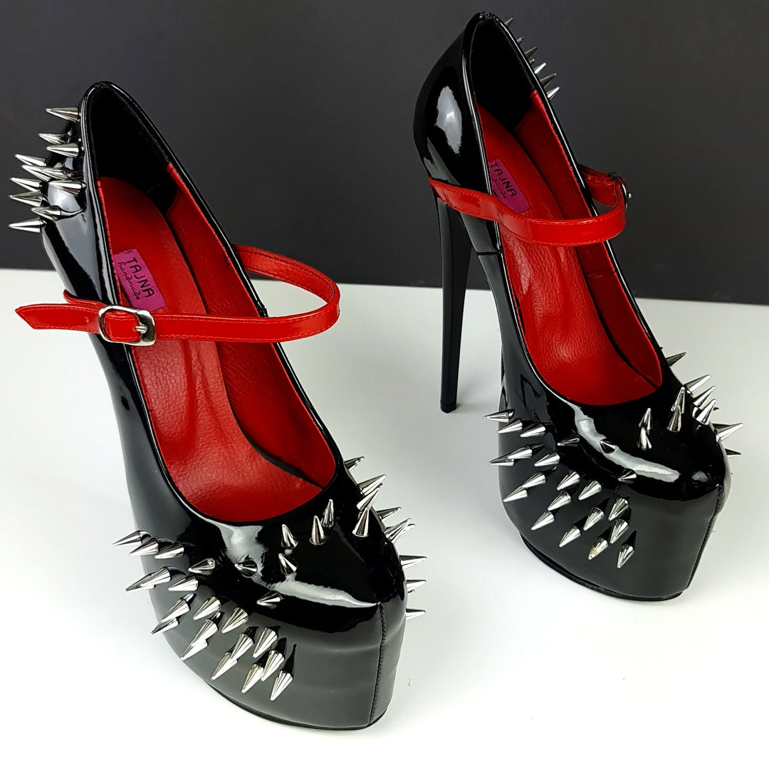 Black Red Gloss Spike Studded Strapped Heels Tajna Club Shoes