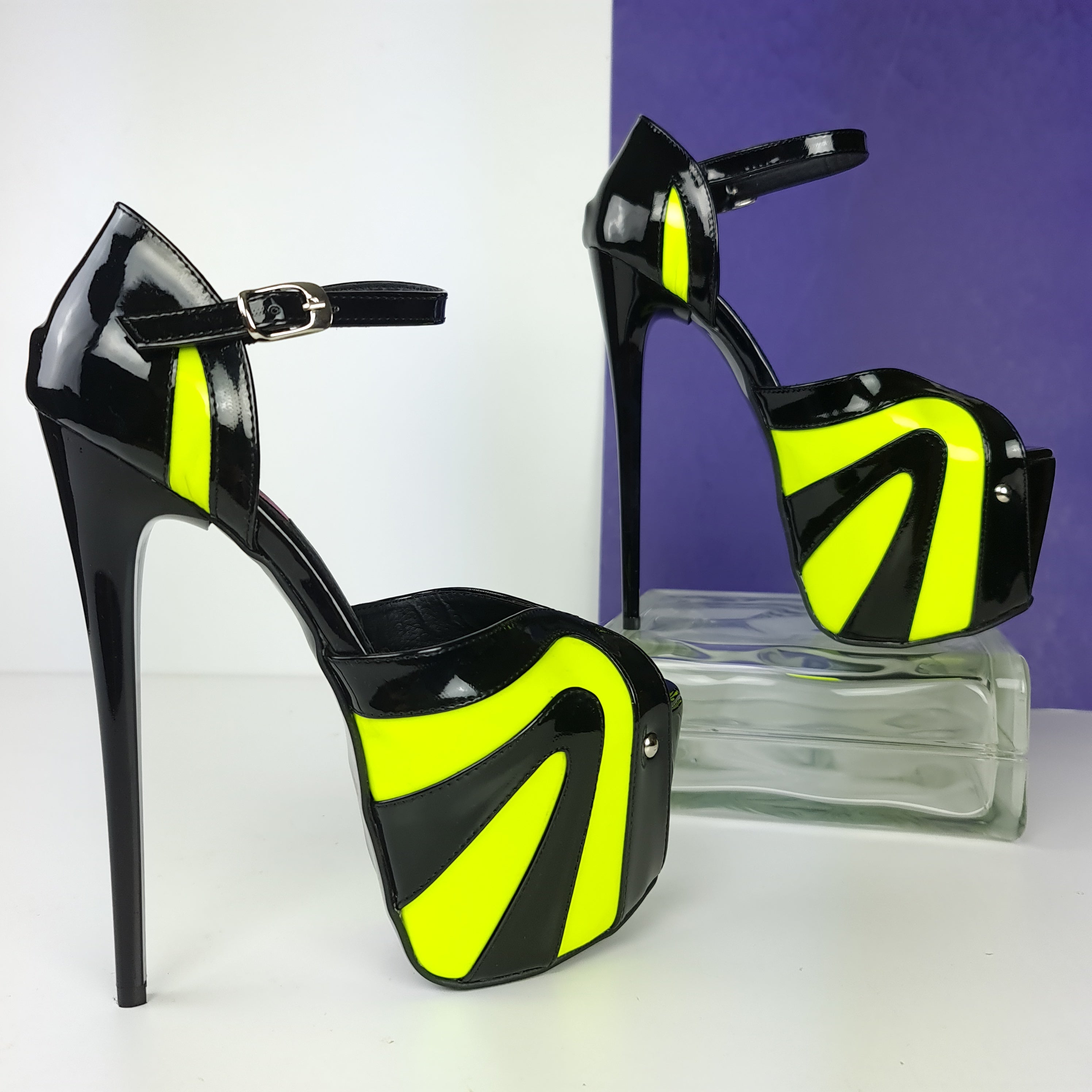 Black Yellow Neon Ankle Strap High Heels  Tajna Club Shoes