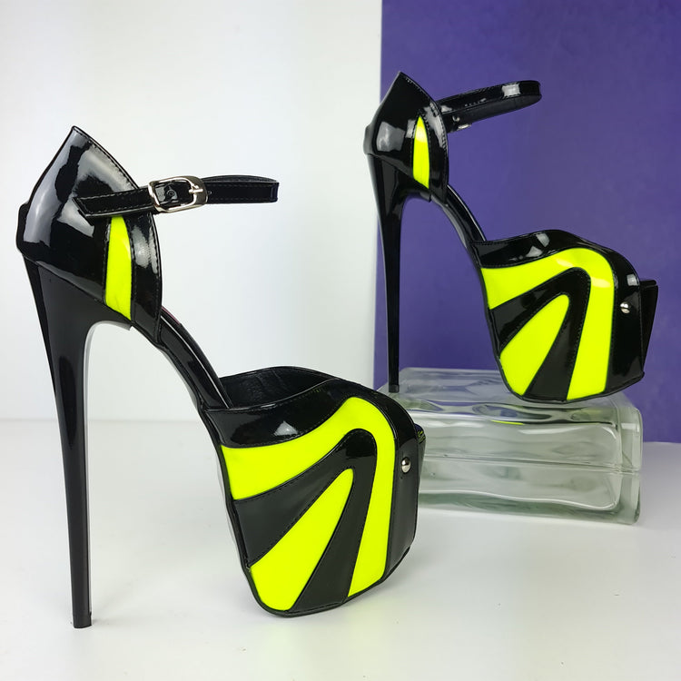 Black Yellow Neon Ankle Strap High Heels  Tajna Club Shoes