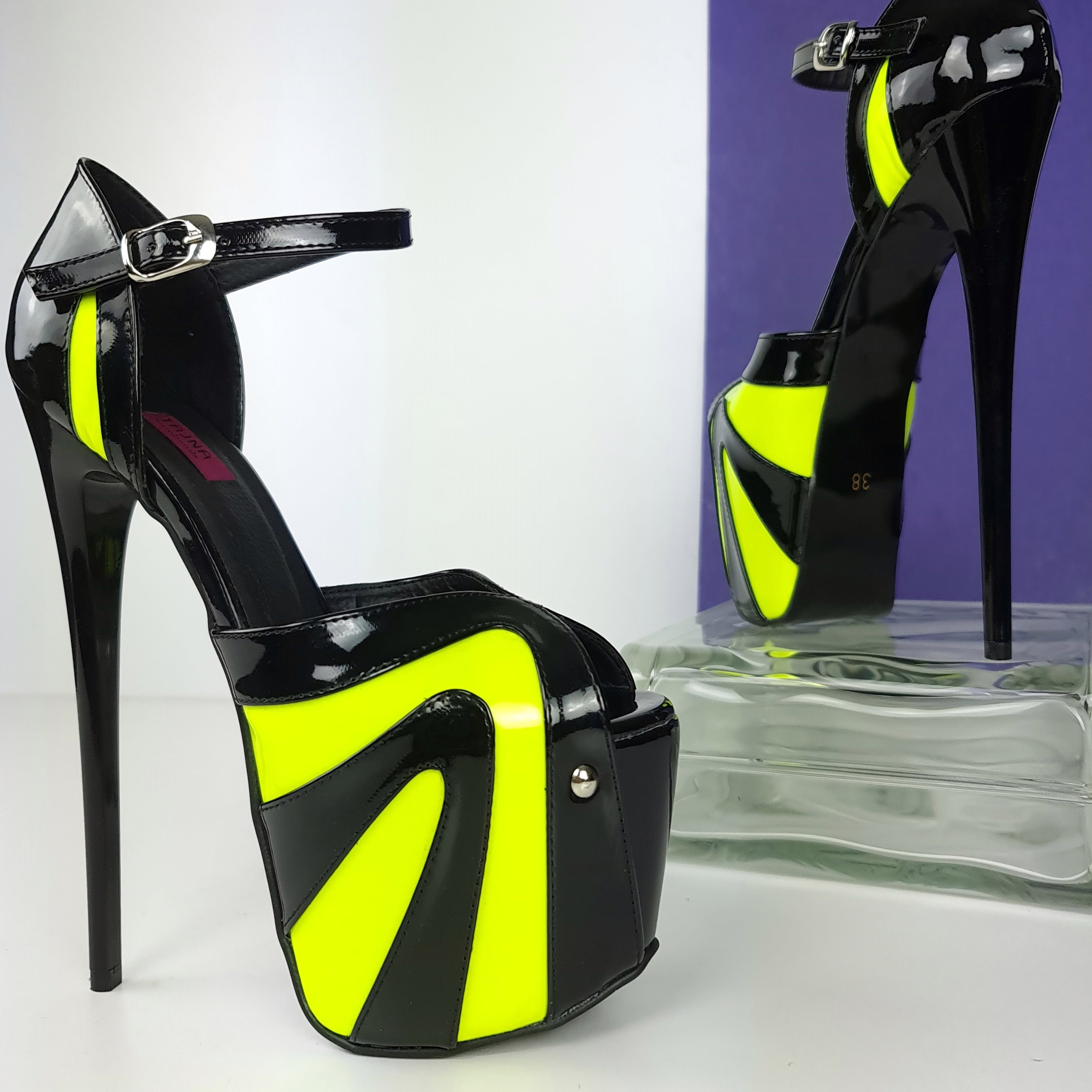 Black Yellow Neon Ankle Strap High Heels  Tajna Club Shoes