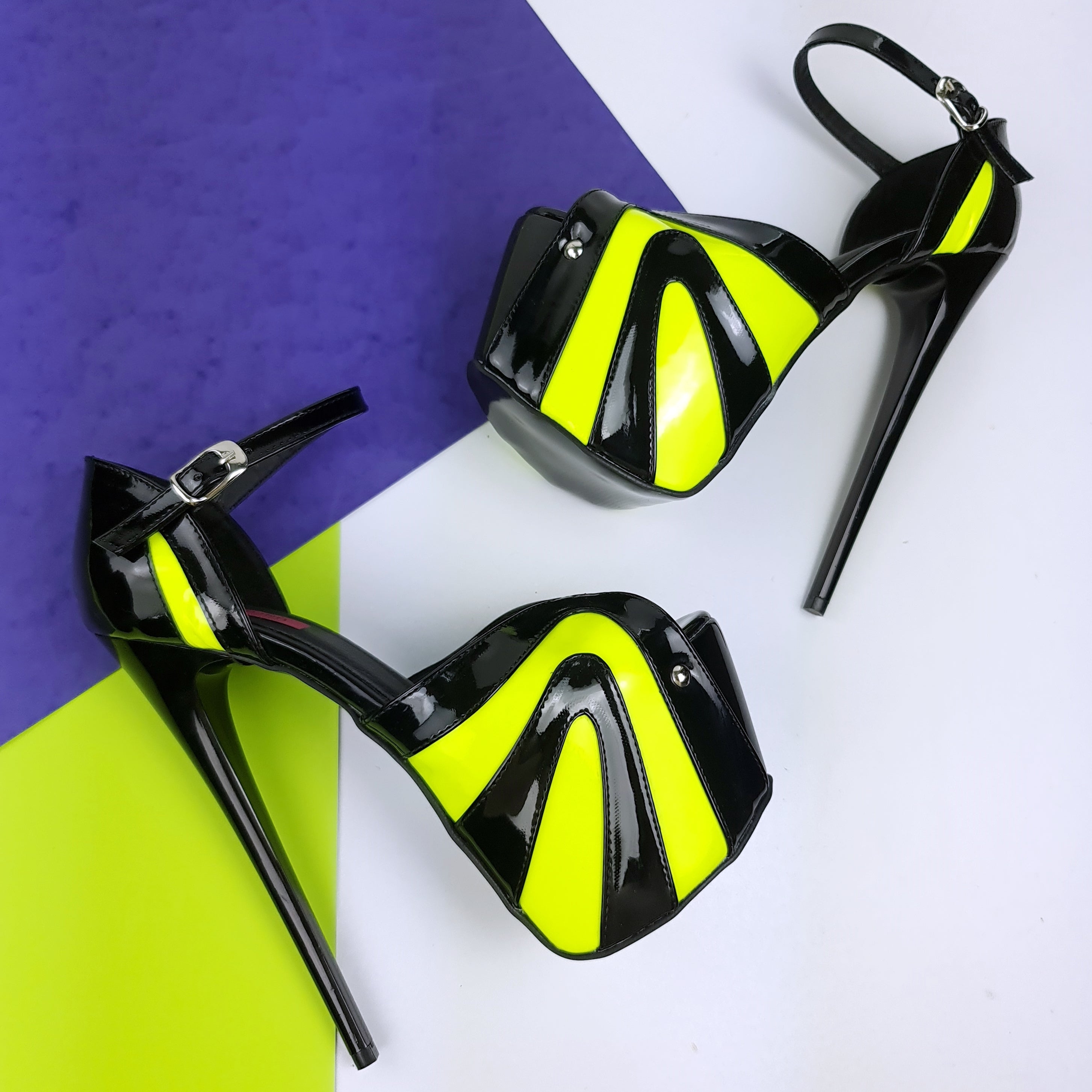 Black Yellow Neon Ankle Strap High Heels  Tajna Club Shoes