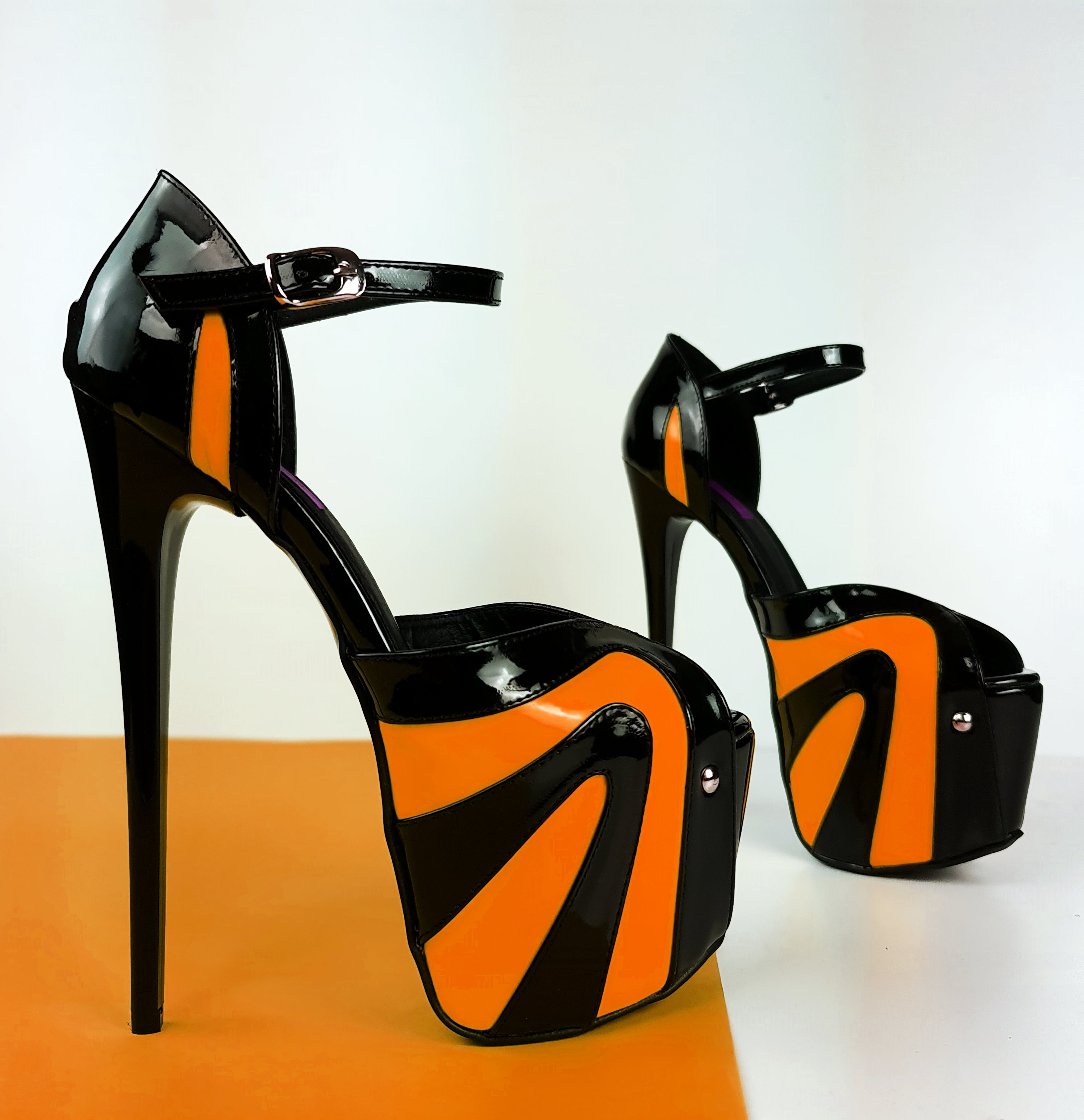 Orange Black Gloss Mult Colored Open Toe Heels Halloween Tajna club Shoes