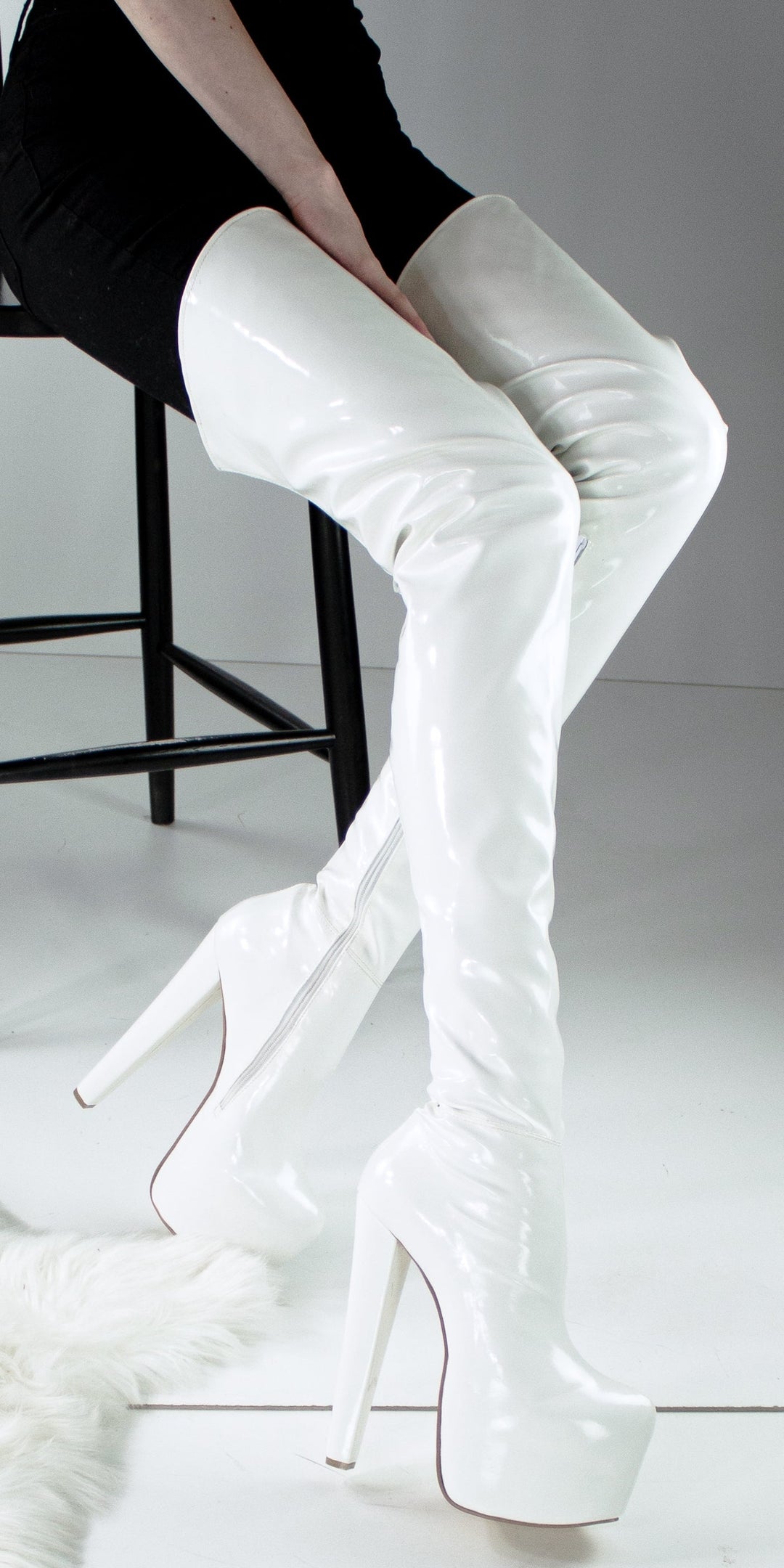 Extra Long White Gloss Stretch Thigh High Boot