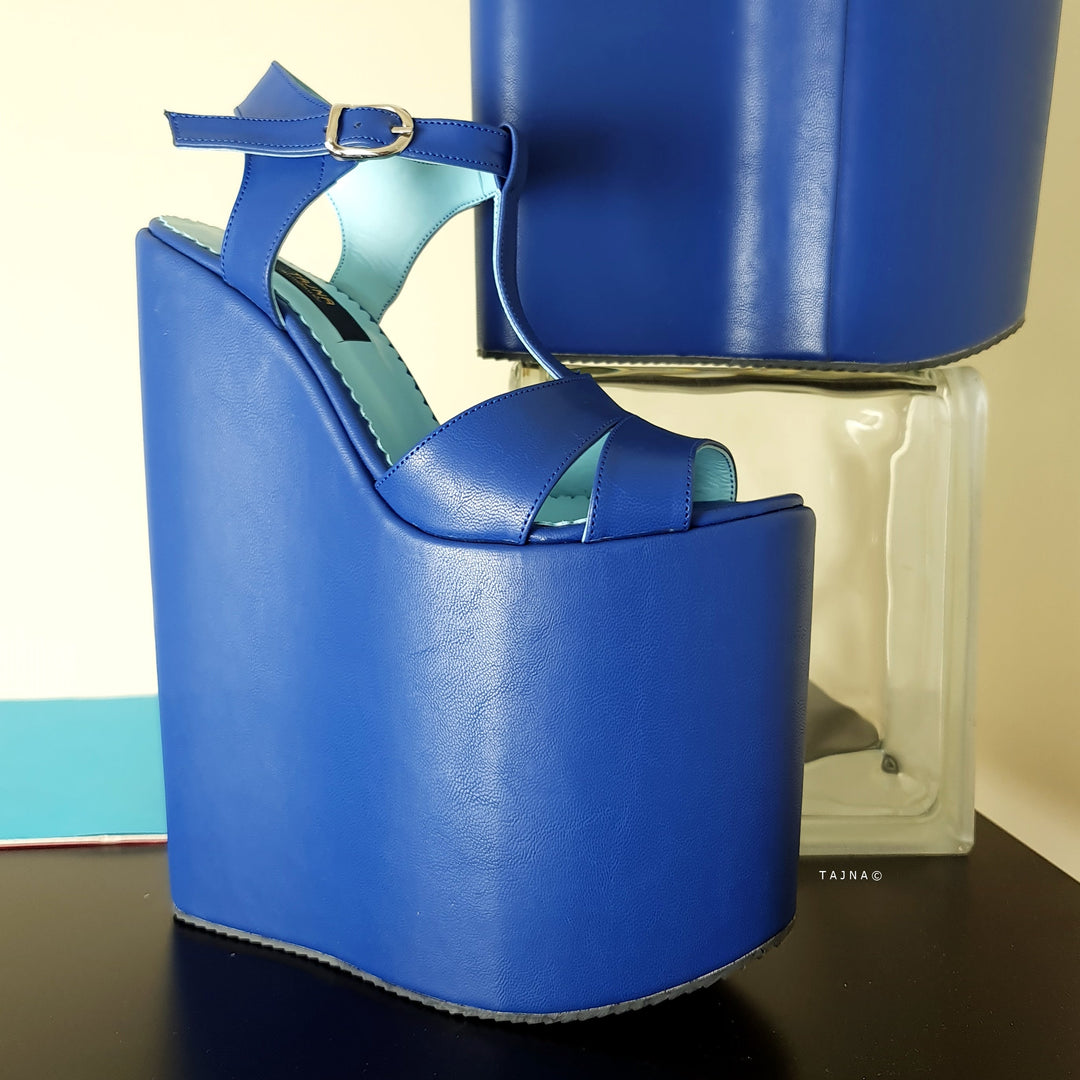 Blue Cross T Strap Detail Wedge Platform Sandals Tajna Club Extreme Height