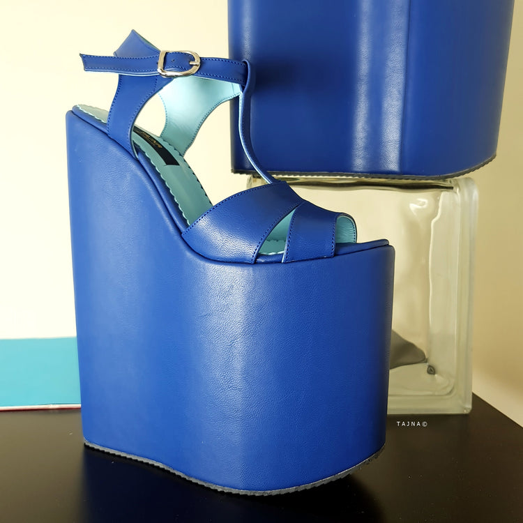 Blue Cross T Strap Detail Wedge Platform Sandals Tajna Club Extreme Height