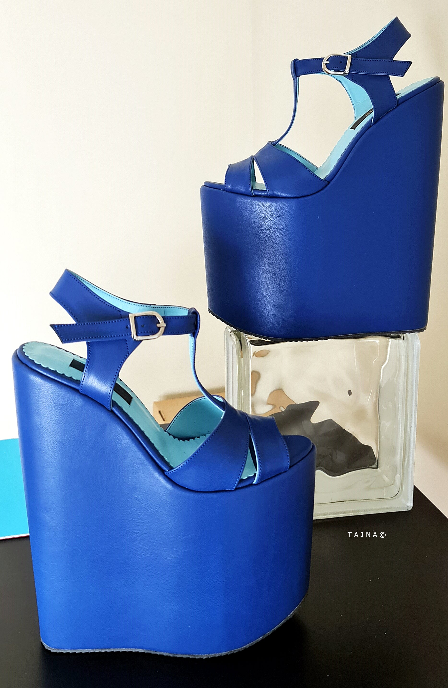 Blue Cross T Strap Detail Wedge Platform Sandals Tajna Club Extreme Height