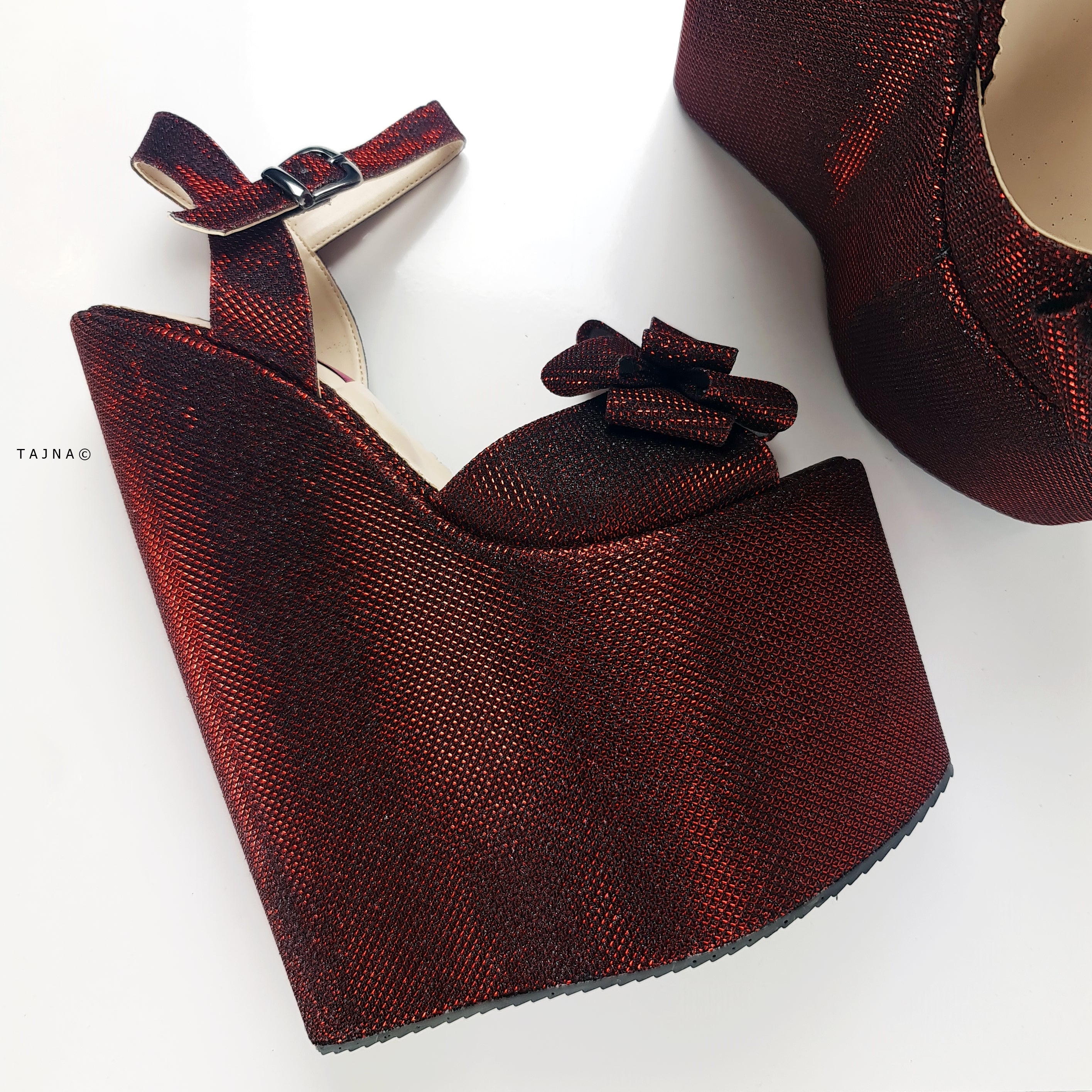 Bordeuax Shimmer Ribbon Detail Wedge Platform Sandals Tajna Club Shoes