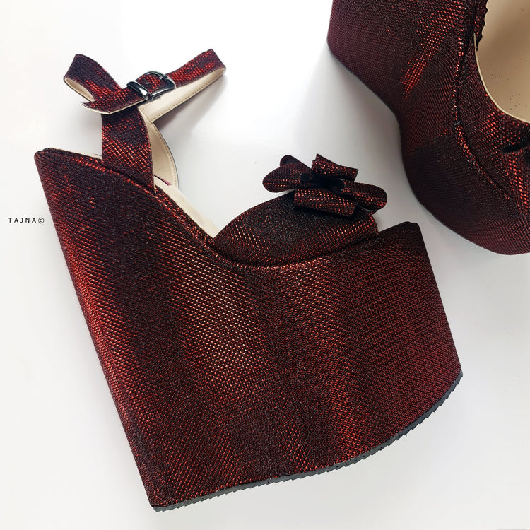 Bordeuax Shimmer Ribbon Detail Wedge Platform Sandals Tajna Club Shoes