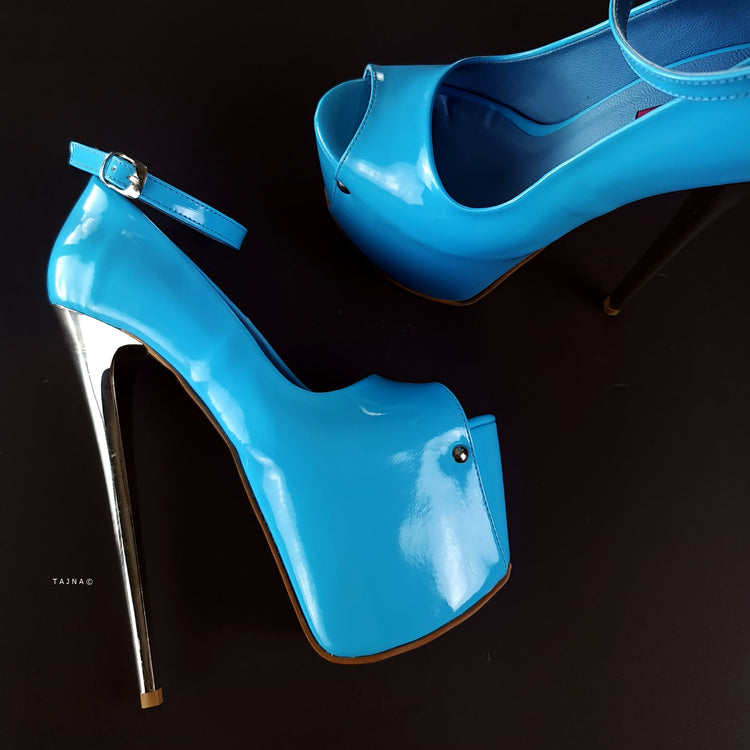 Baby Blue Gloss Ankle Strap Metallic High Heels Tajna Club Shoes