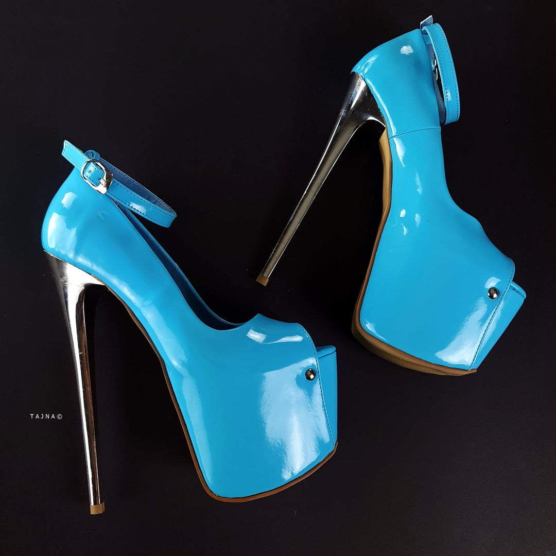 Baby Blue Gloss Ankle Strap Metallic High Heels Tajna Club Shoes