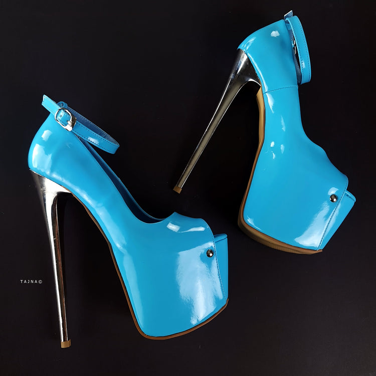Baby Blue Gloss Ankle Strap Metallic High Heels Tajna Club Shoes