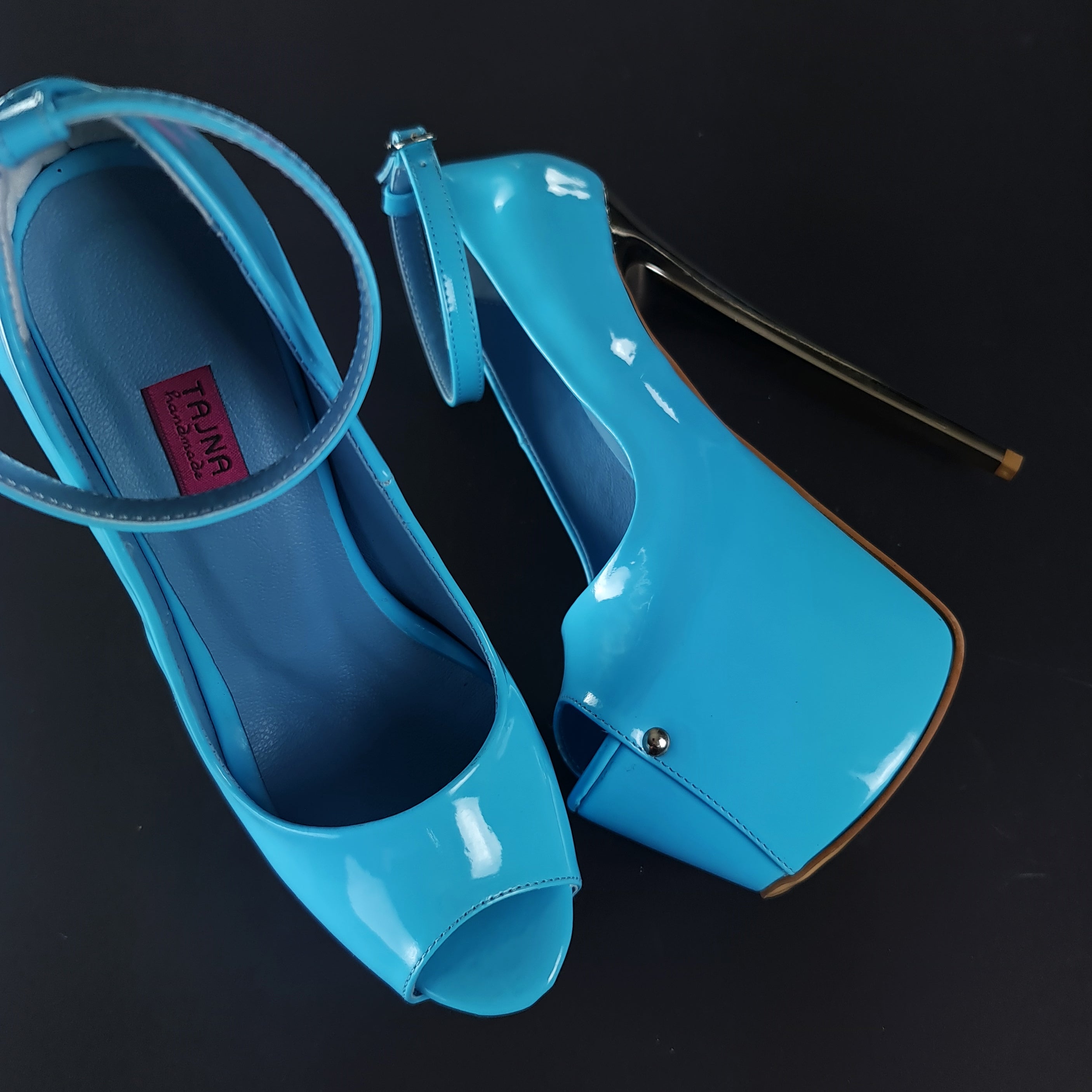 Baby Blue Gloss Ankle Strap Metallic High Heels Tajna Club Shoes