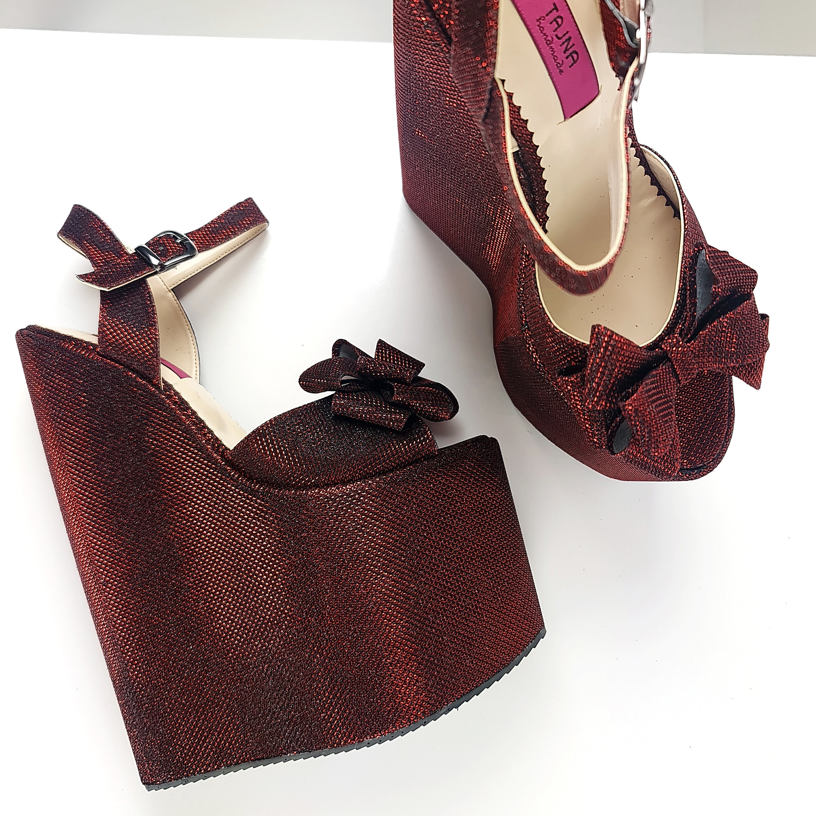 Bordeuax Shimmer Ribbon Detail Wedge Platform Sandals Tajna Club Shoes