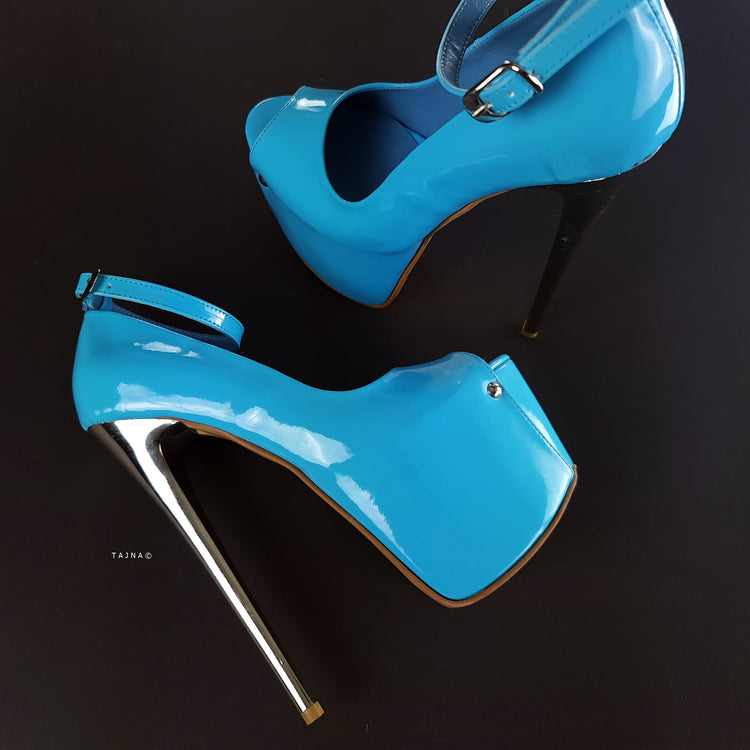 Baby Blue Gloss Ankle Strap Metallic High Heels Tajna Club Shoes