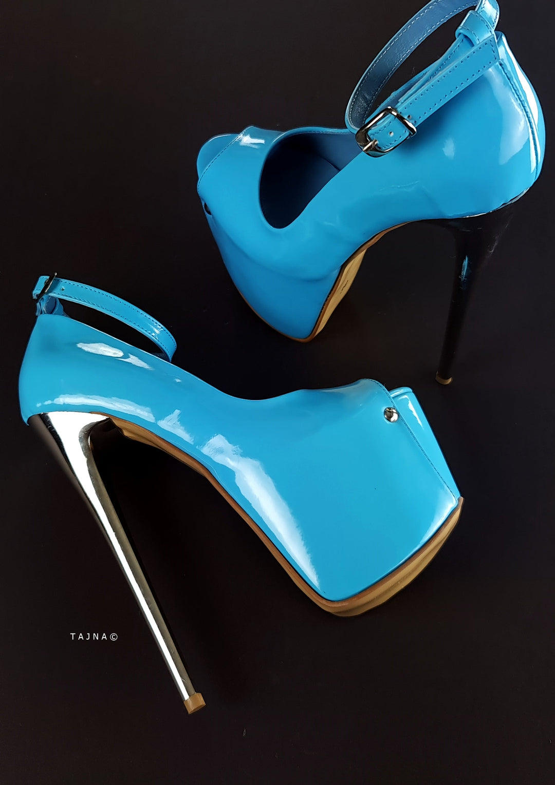 Baby Blue Gloss Ankle Strap Metallic High Heels Tajna Club Shoes