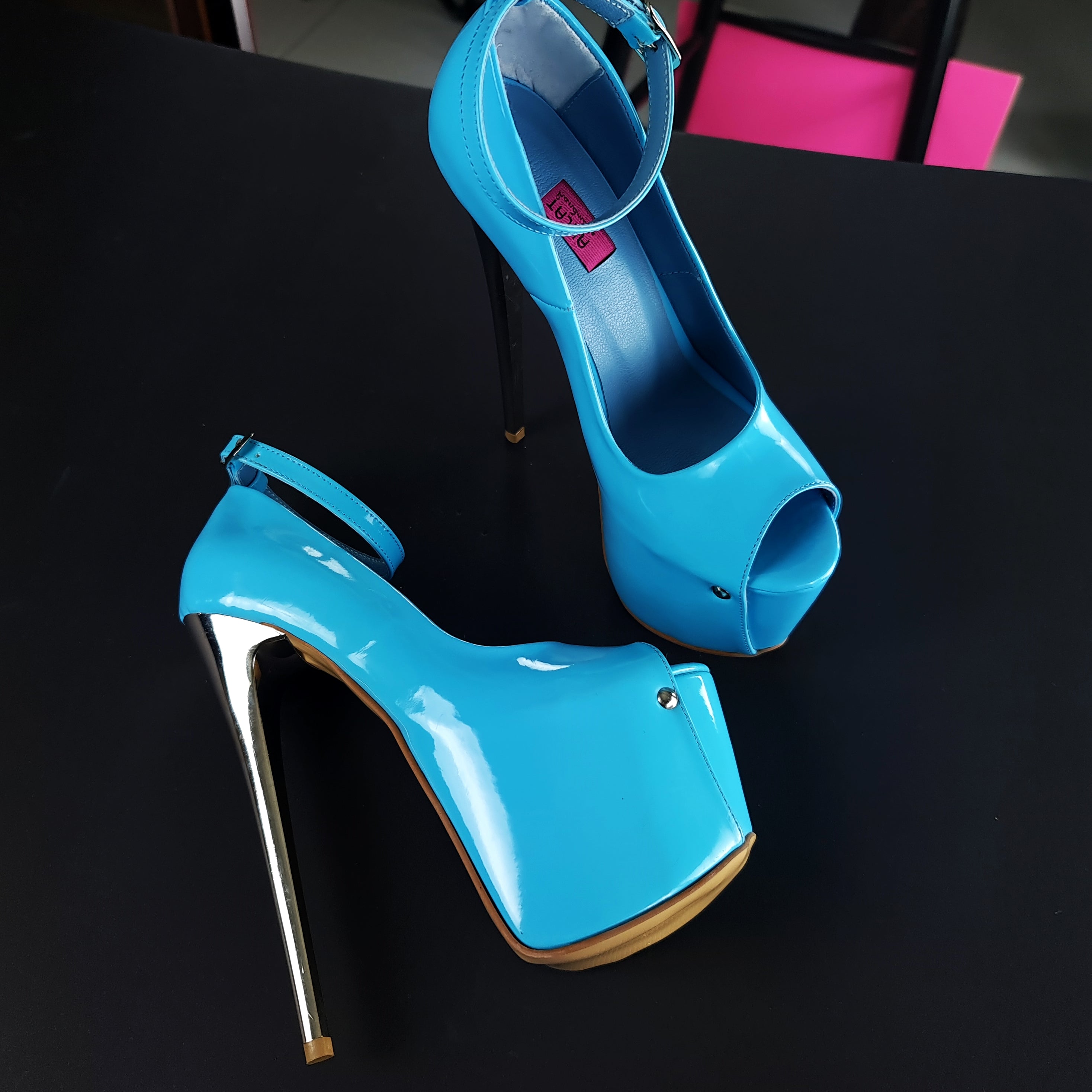 Baby Blue Gloss Ankle Strap Metallic High Heels Tajna Club Shoes