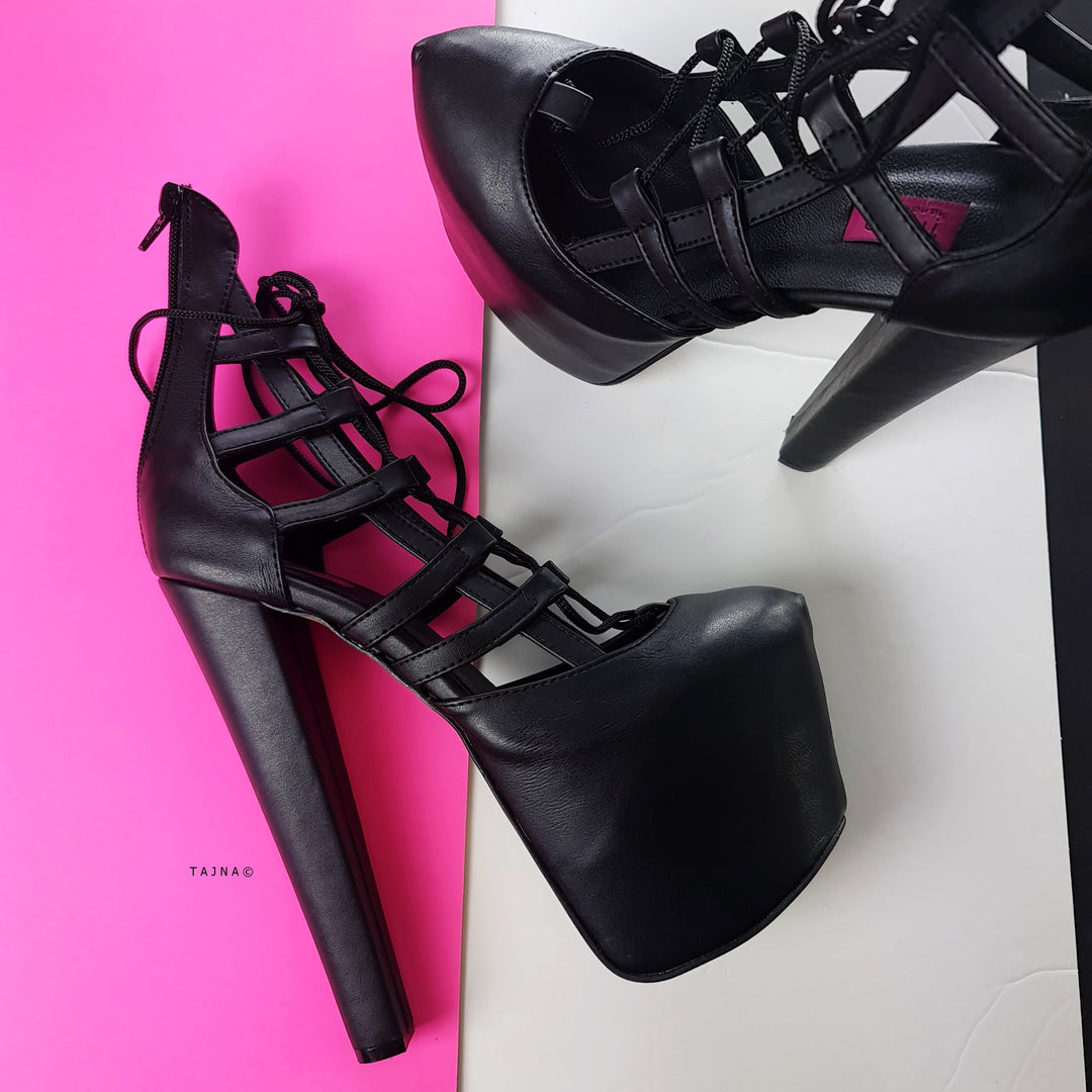Black Bondage Style Chunky High Heel Pumps Tajna Club Shoes