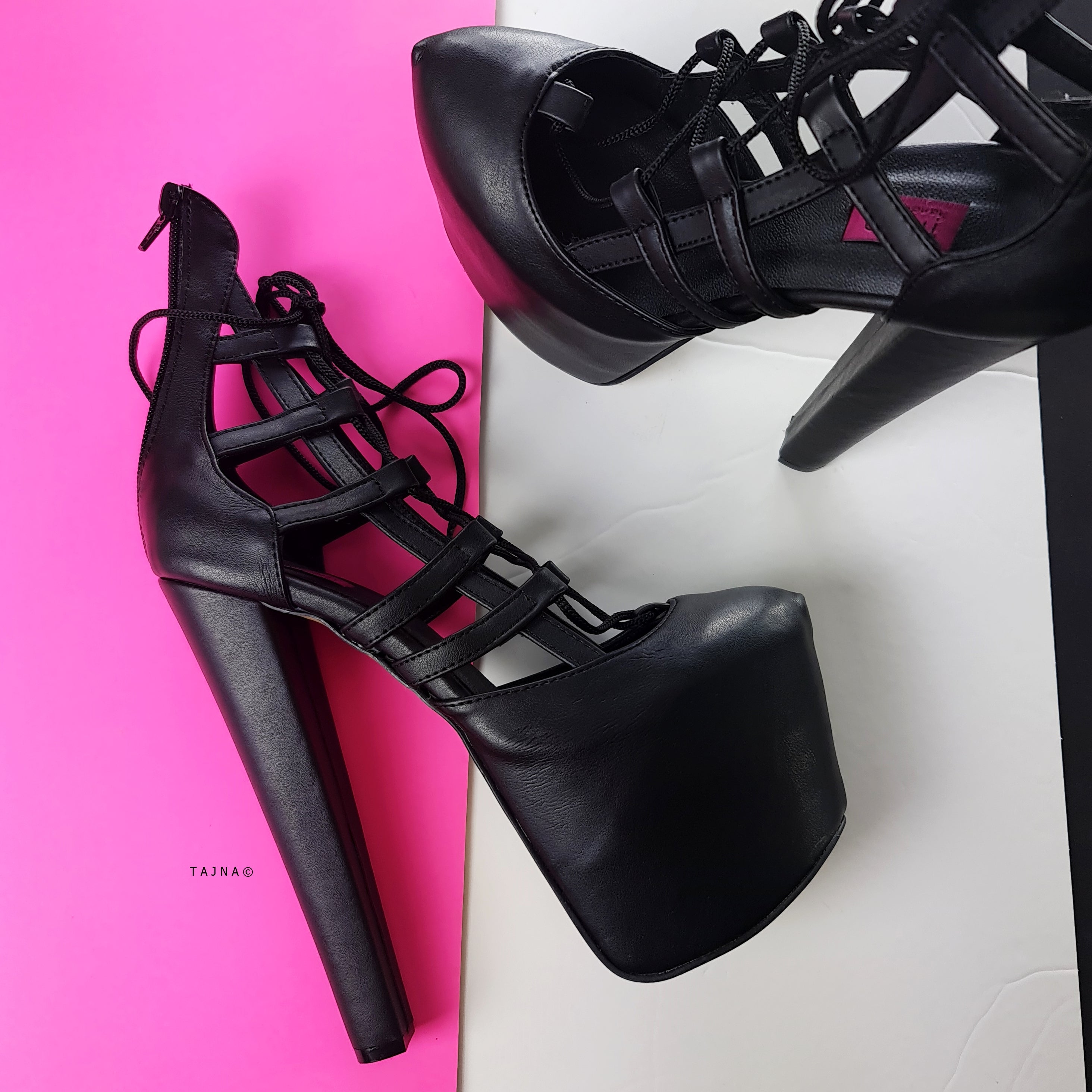 Black Bondage Style Chunky High Heel Pumps Tajna Club Shoes