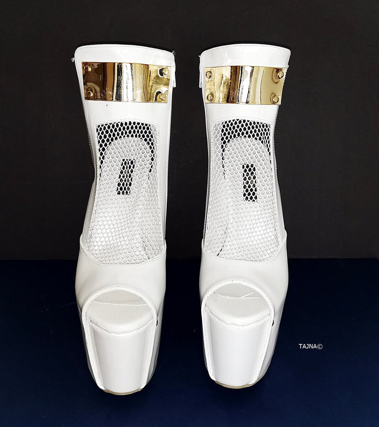 White Patent Fishnet Detail Designer Heels - Tajna Club