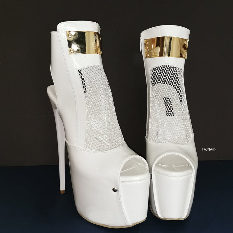 White Patent Fishnet Detail Designer Heels - Tajna Club