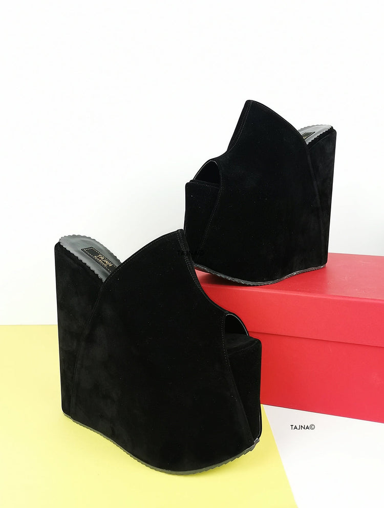 Black Suede Platform Wedge High Heel Mules - Tajna Club