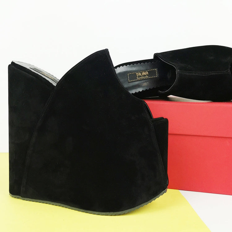 Black Suede Platform Wedge High Heel Mules - Tajna Club
