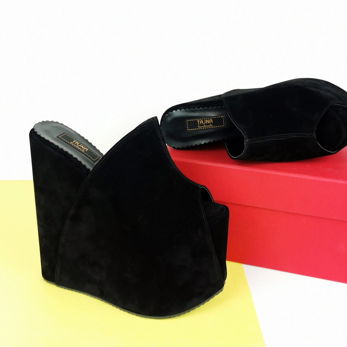 Black Suede Platform Wedge High Heel Mules - Tajna Club