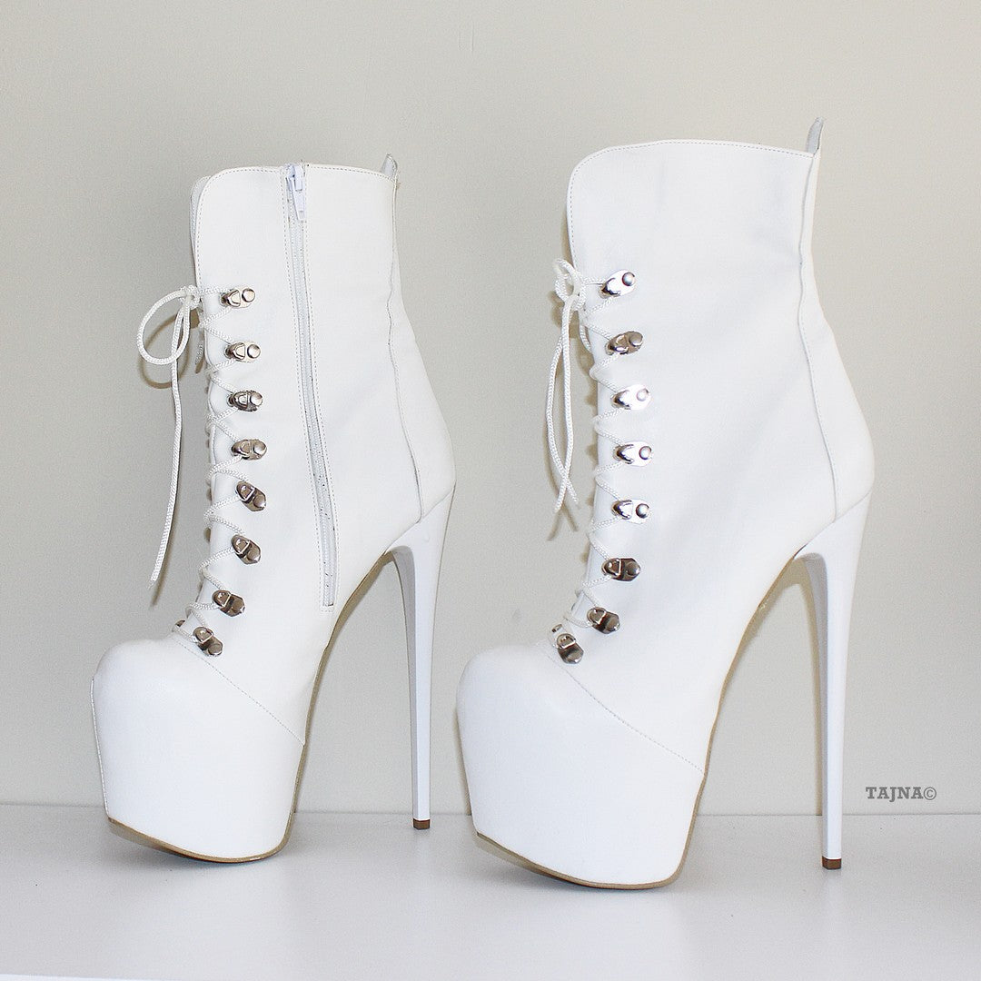 Pencil Heel White Military Style Platform Boots
