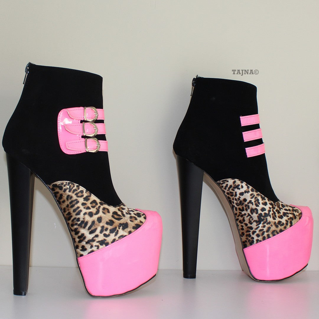 Fuschia Black Leopard High Heel Platform Ankle Boots - Tajna Club