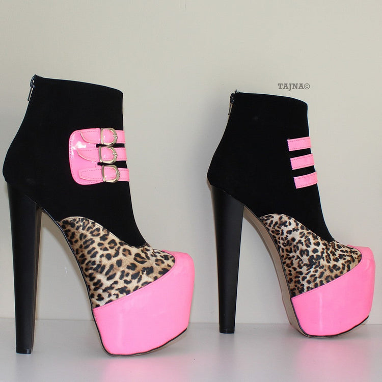 Fuschia Black Leopard High Heel Platform Ankle Boots - Tajna Club