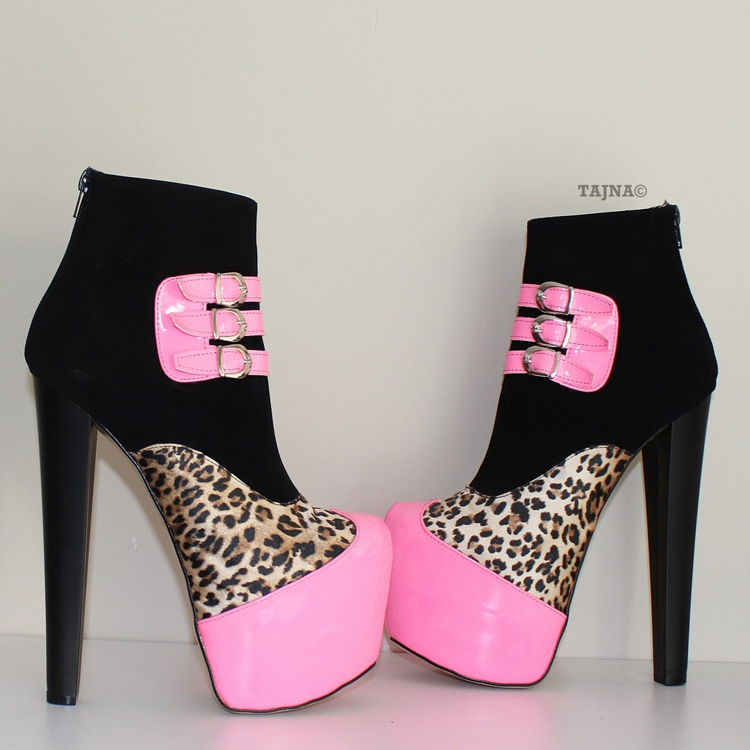 Fuschia Black Leopard High Heel Platform Ankle Boots - Tajna Club