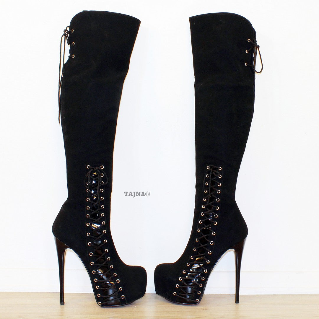 Over-knee High Heel Platform Boots Black Corset Tajna Shoes