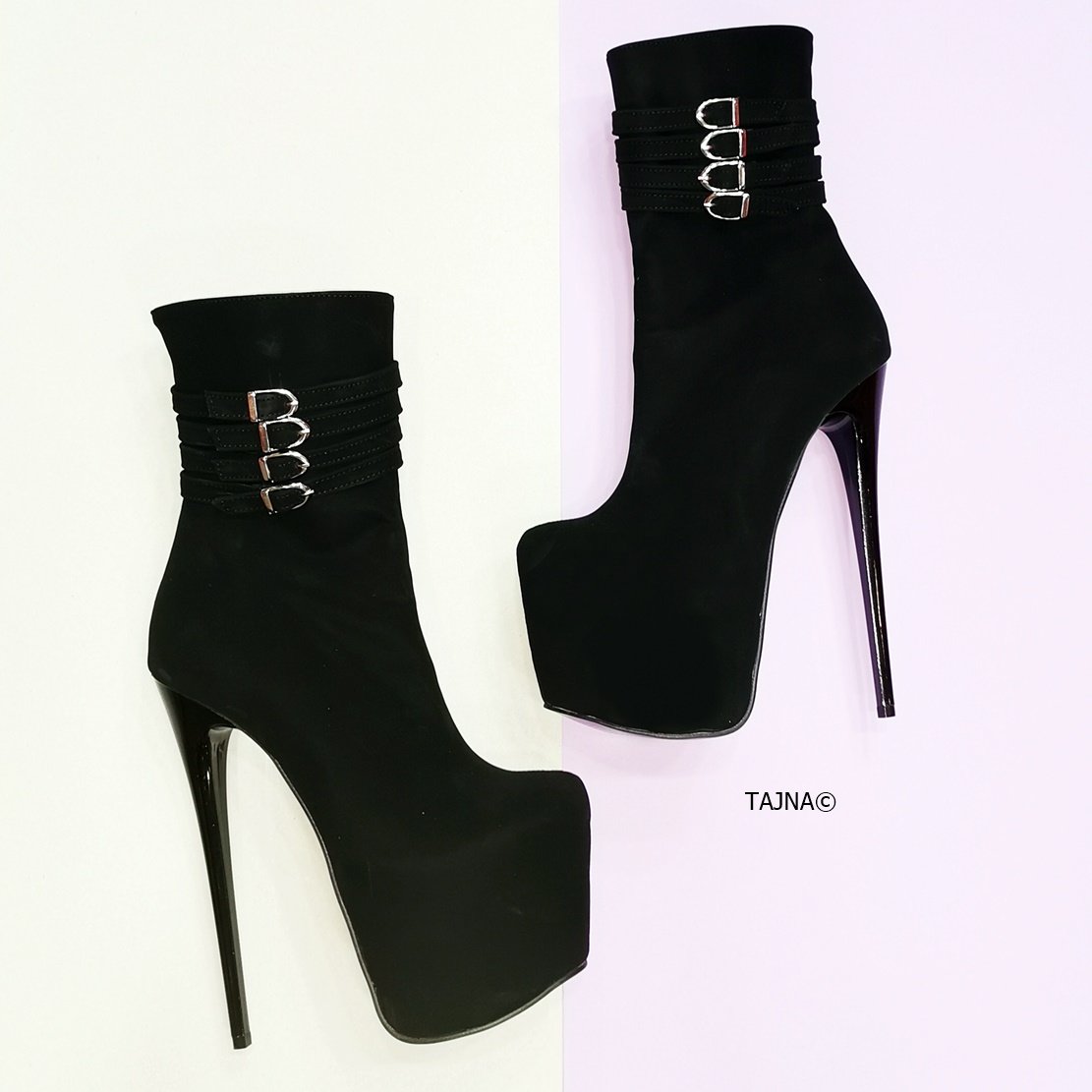 Aragon Black Suede Belted Heel Boots - Tajna Club