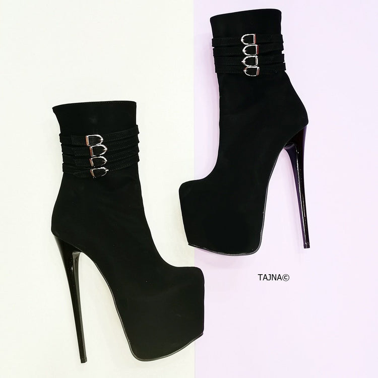 Aragon Black Suede Belted Heel Boots - Tajna Club