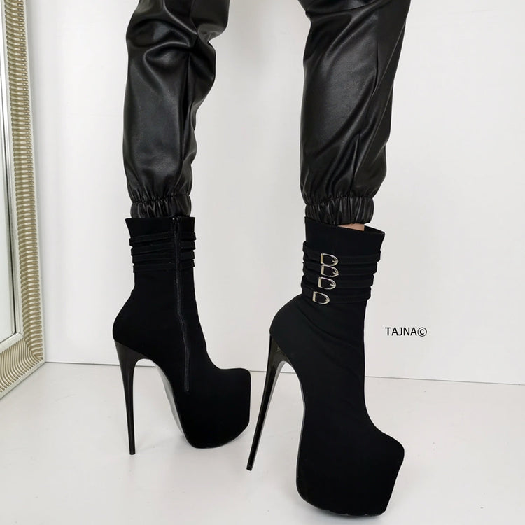 Aragon Black Suede Belted Heel Boots - Tajna Club