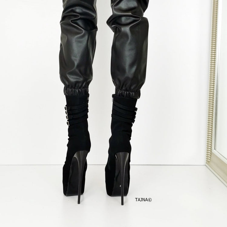 Aragon Black Suede Belted Heel Boots - Tajna Club