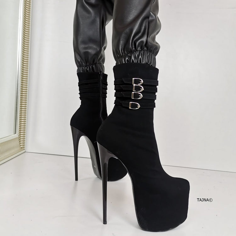 Aragon Black Suede Belted Heel Boots - Tajna Club