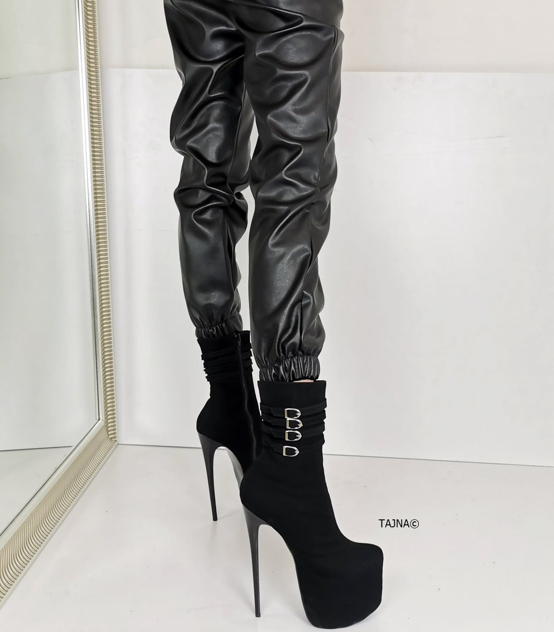 Aragon Black Suede Belted Heel Boots - Tajna Club