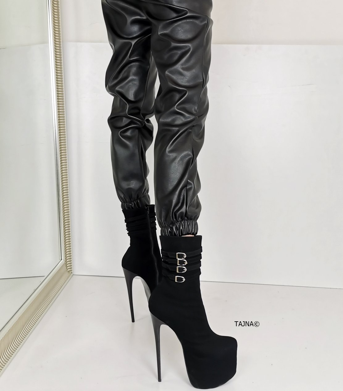 Aragon Black Suede Belted Heel Boots - Tajna Club