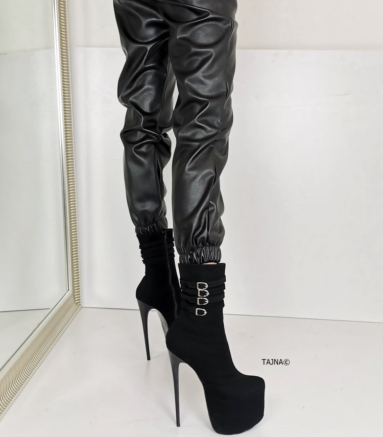 Aragon Black Suede Belted Heel Boots - Tajna Club